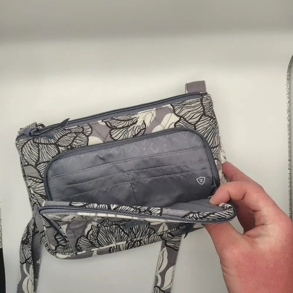 Vera Bradley Floral Crossbody Bag Gray White Quilted Shoulder Purse